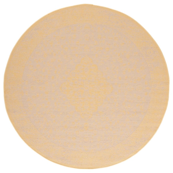 Courtyard Beige/Gold 7 ft. x 7 ft. Medallion Floral Border Indoor/Outdoor Round Area Rug