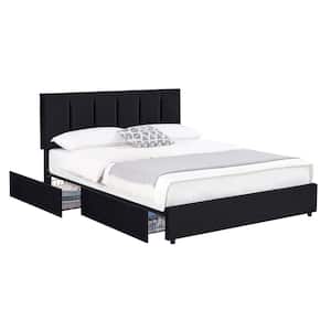 Upholstered Bed Frame Black Queen Metal Frame With 4-Storage Drawers and Adjustable Headboard Platform Bed