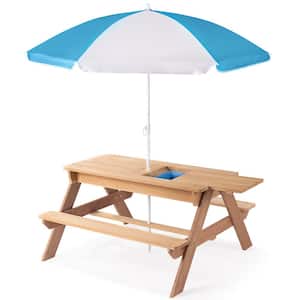 37 in. Natural Wood Rectangle Wood Multifunctional Picnic Table Seats 4 People with Umbrella Hole for Outdoor Activity