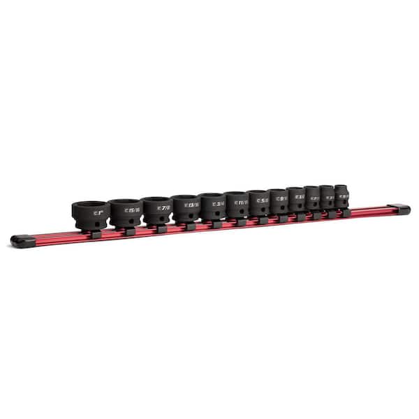 3/8 in. Drive SAE Stubby Impact Socket Set, 5/16 to 1 in. with Red Aluminum Socket Rail (12-Piece)