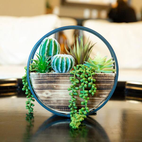 Flora Bunda 11 In Round Wood And Metal Wall Faux Succulents Mix Ts11e The Home Depot