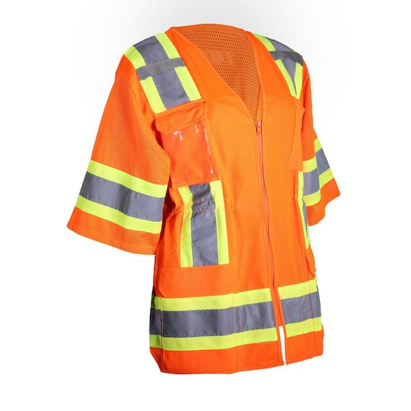 PIP Women's Large Hi Vis Orange 2-Tone ANSI Type R Class 3 Contoured Surveyors Safety Vest with Mesh Back and (11-Pockets)