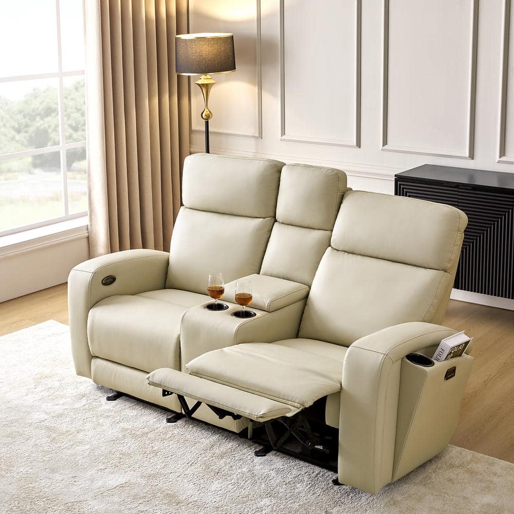 Gonzalo Beige 37" Faux Leather Rectangle 2 Seats Power Recliner Loveseats with Storage and USB Ports