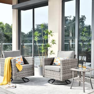 Tahoe Grey 3-Piece Wicker Outdoor Patio Conversation Swivel Rocking Chair Set with a Side Table and Grey Cushions