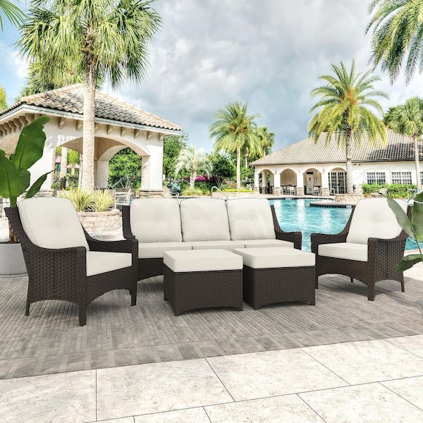 5-Piece Wicker Patio Conversation Set with Beige Cushions, 3-Seater Sofa, Lounge Chair, and Ottoman
