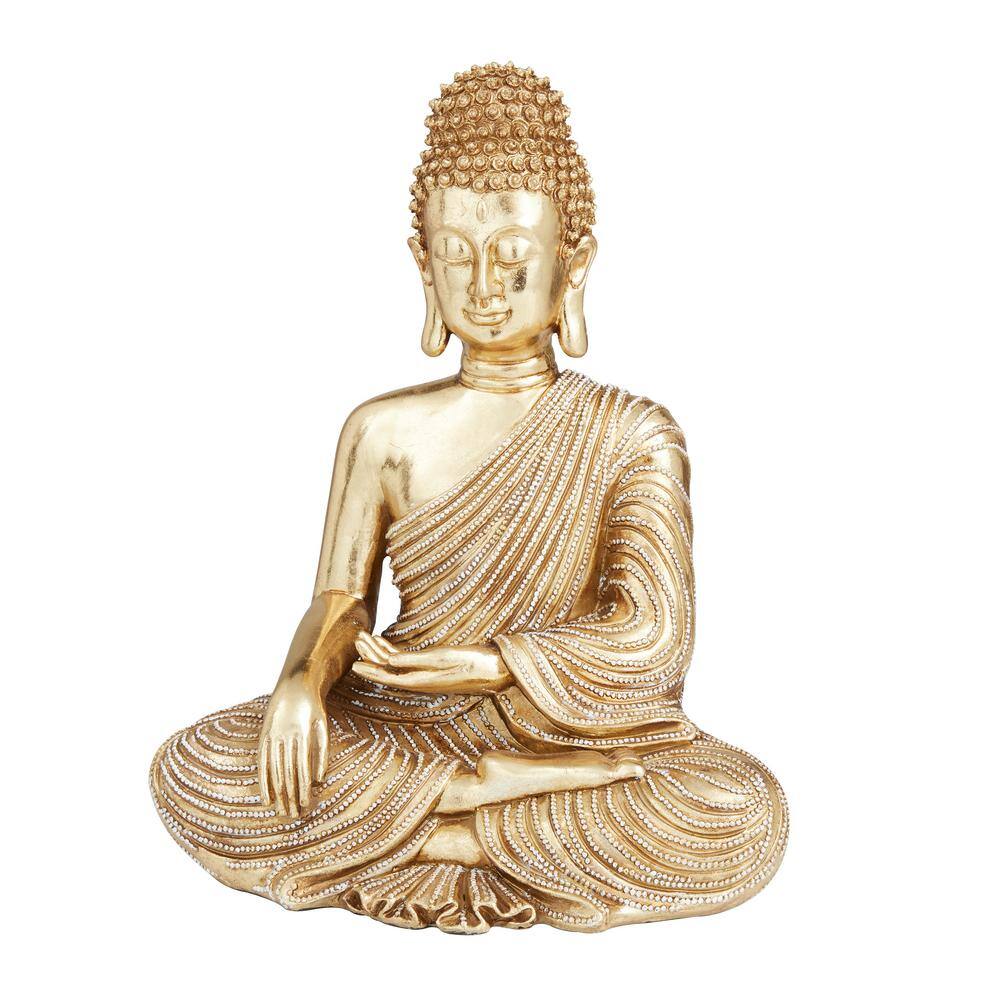 Gold Polystone Meditating Buddha Sculpture with Engraved Carvings and Relief Detailing