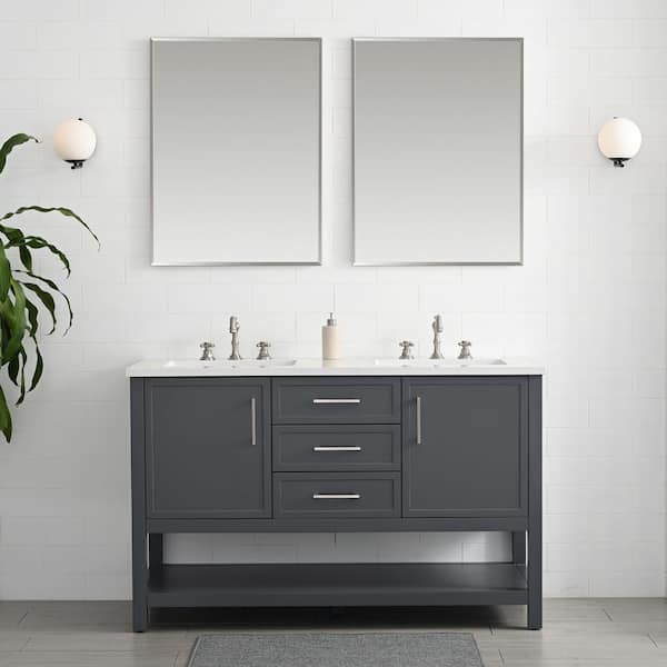 SUDIO Arlo 54 in. W x 22 in. D x 34 in. H Bath Vanity in Dark Gray with Engineered Stone Top in Ariston White with White Sinks