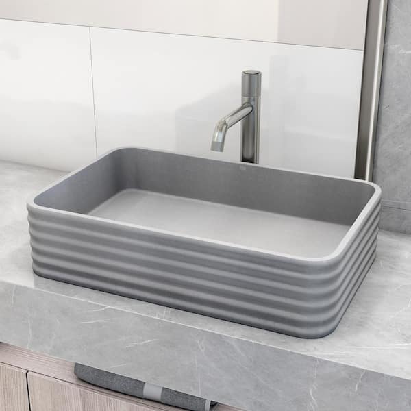 VIGO Cadman Concrete Stone Rectangular Fluted Bathroom Vessel Sink in Gray with Apollo Faucet and Pop-Up Drain in Chrome