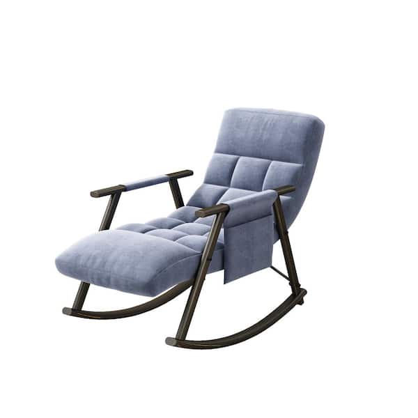 Sudzendf Blue Modern Velvet Folding Metal Outdoor Rocking Chair with Adjustable High Back and Foot Rest