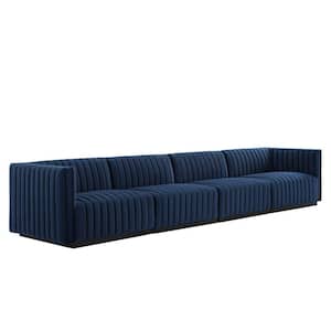 Conjure 36.5 in. W Square Arm Channel Tufted Performance Velvet 4-Piece Rectangle Sofa in Black Midnight Blue