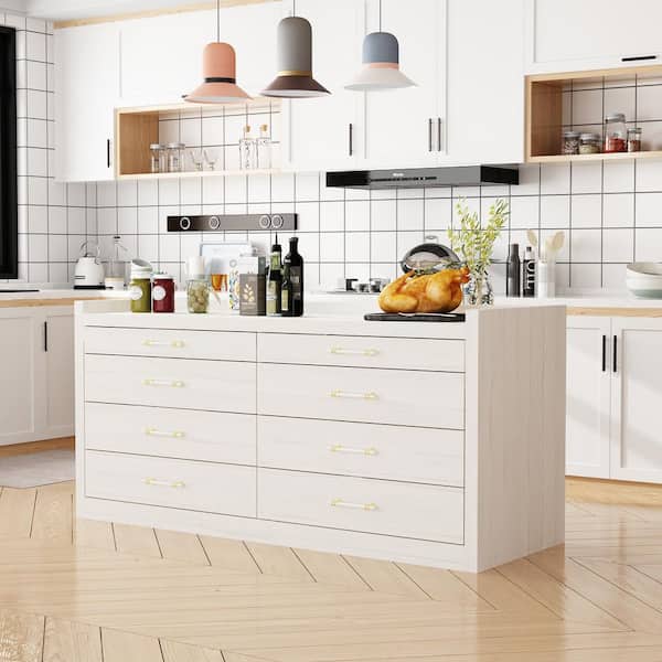 FUFU&GAGA White Wooden Grain Wood 66.5 in. Width Kitchen Island, Chest of Drawers, Sideboard with 2 Open Shelves and 8 Drawers