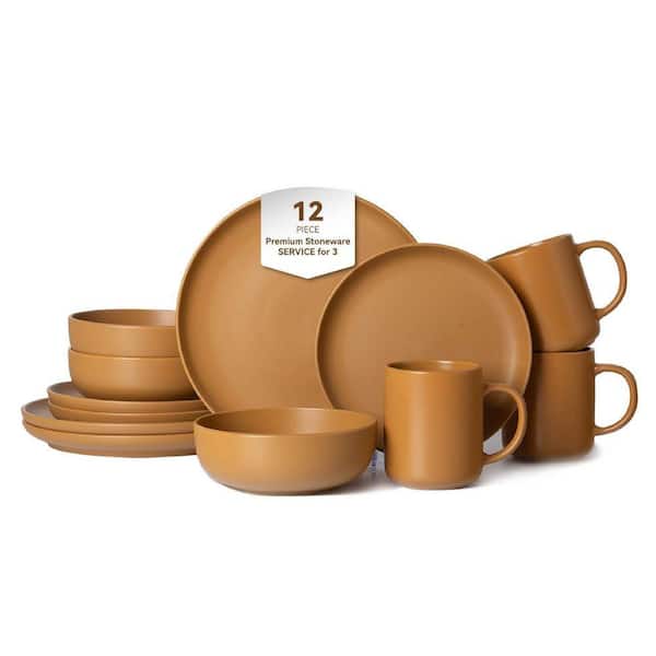 Tahanbath 12-Piece Stoneware Dinnerware Set with Mugs (3-Person Use) in Orange