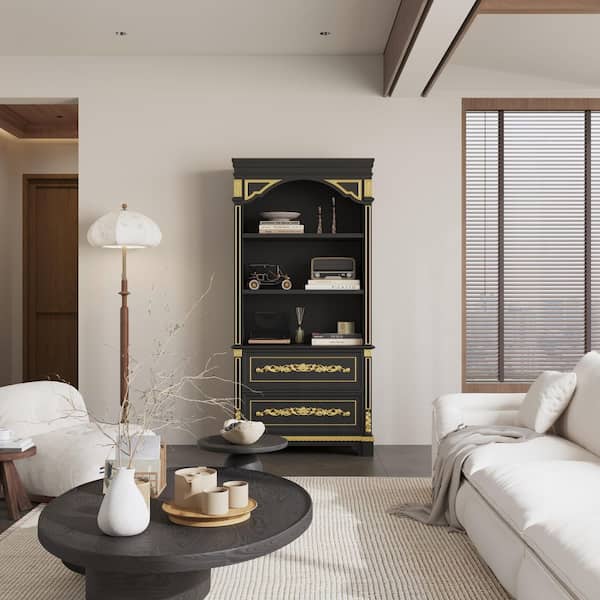 FUFU&GAGA 76.6 in. Tall Black Wood 3-Shelf Accent Bookcase with 2
