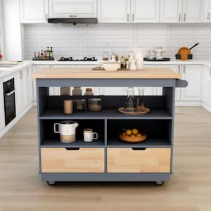 Oasis Grey Blue Wood 46 in. Kitchen Island with Storage, 2-sided Kitchen Island Cart on Wheels with Rubber Wood Top