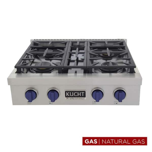 Professional 30 in. Natural Gas Range Top in Stainless Steel and Royal Blue Knobs with 4 Burners