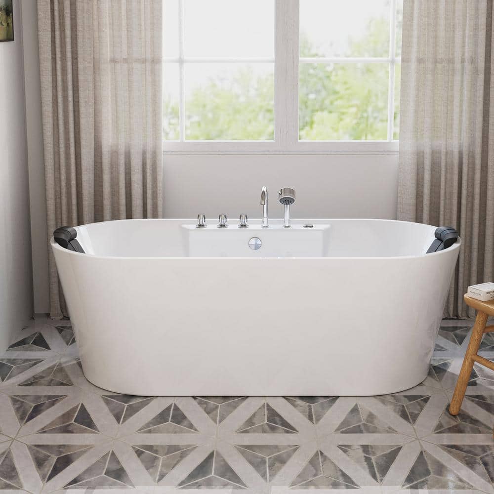 67'' White Acrylic Freestanding Whirlpool Bathtub with Faucet