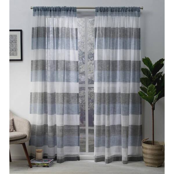 Unbranded Indigo Striped Rod Pocket Sheer Curtain - 54 in. W x 84 in. L (Set of 2)