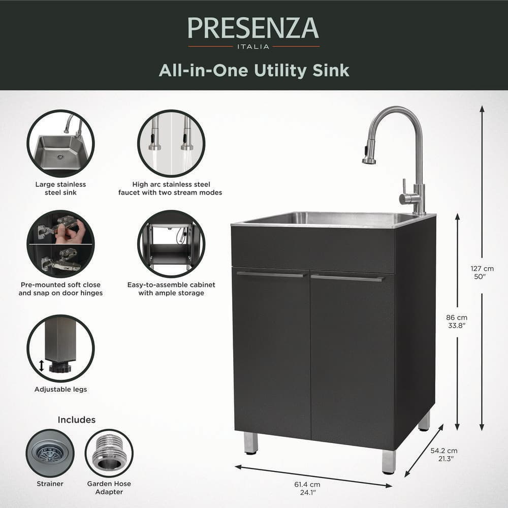 Gray Stainless Steel Drop-In Utility Sink with Faucet and Cabinet