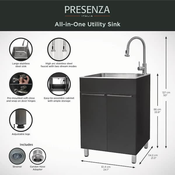 Presenza All-in-One 24 in. x 21.2 in. x 34 in. Stainless Steel Drop-In Sink and Cabinet with Faucet in Gray