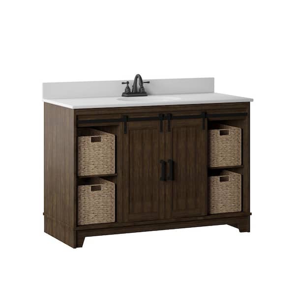 Twin Star Home 49 in. W x 22 in. D x 37.88 in. H Single Bath Vanity in Saw Cut Espresso with White Marble Top and Sliding Barn Door