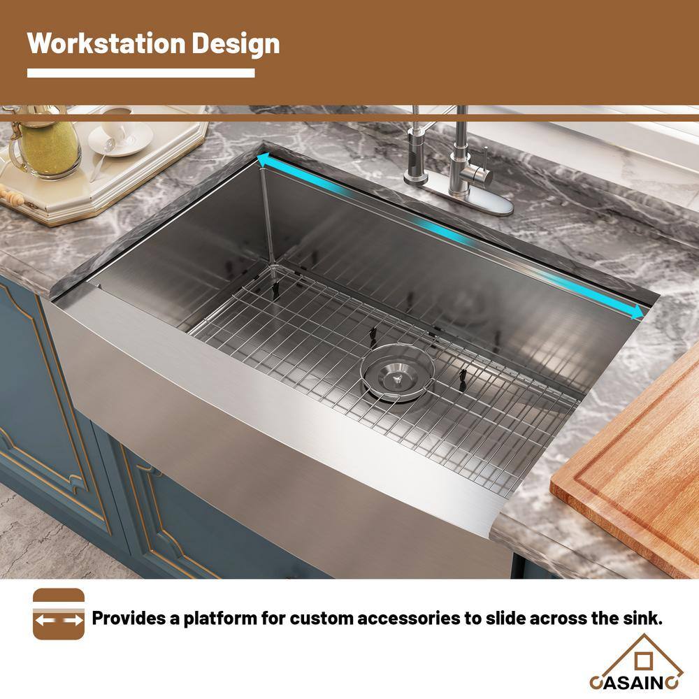 33" Brushed Stainless Steel Farmhouse Workstation Kitchen Sink