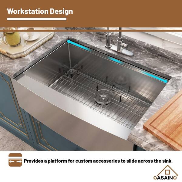 CASAINC 36 in. Undermount Single Bowl 18 Gauge Brushed Stainless Steel Workstation Kitchen Sink with Sliding-Accessories