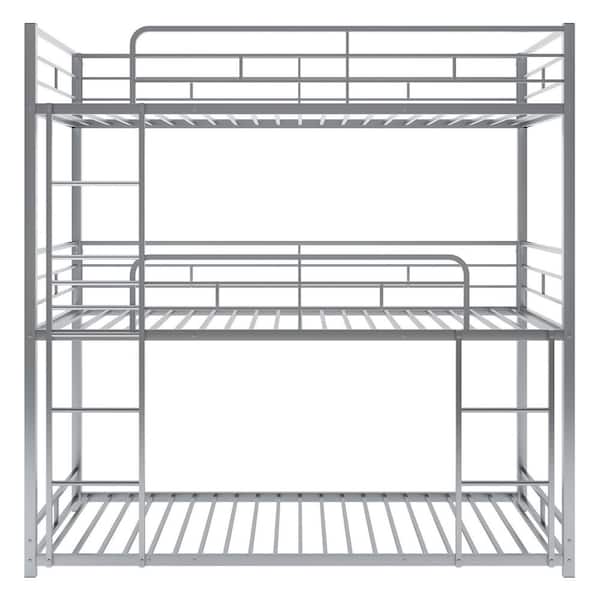 STICKON Silver Metal Twin Size Triple Bunk Bed with Guardrail