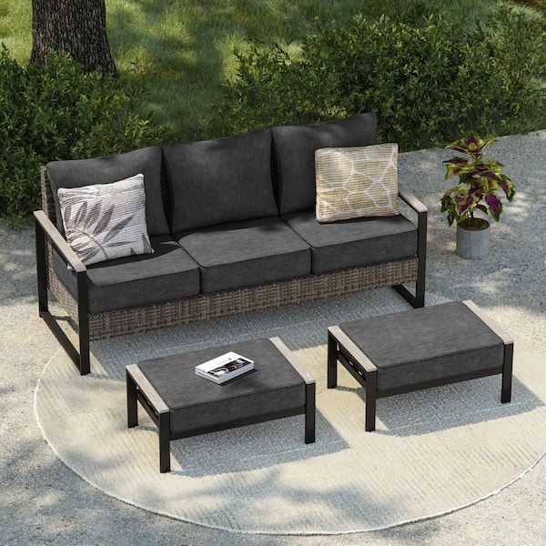 3 Pieces Patio Conversation Set Sofa with Ottomans All-Weather PE Rattan Gray Wicker with Black Cushion