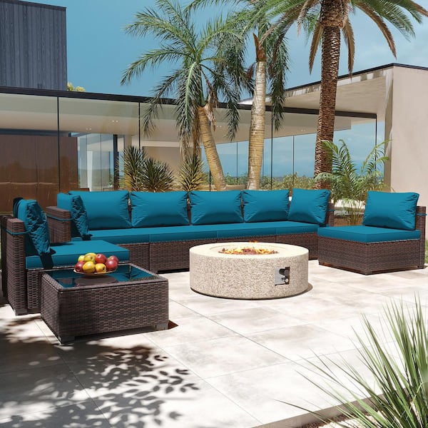 PATIOGUARDER 8-Piece Rattan Patio Conversation Set with Cushions and 42 in. Outdoor Round Fire Pit Table, Lake Blue Cushions
