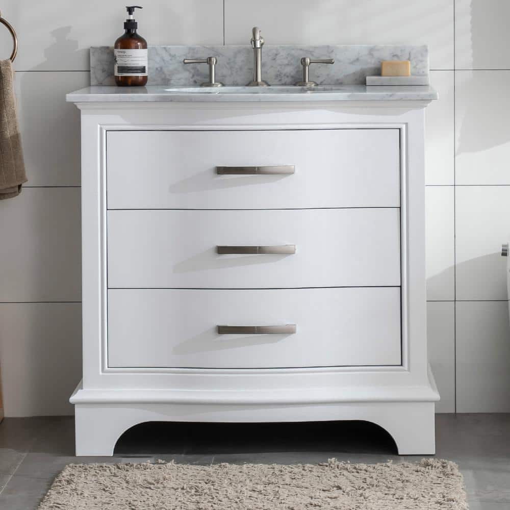 Monroe 36'' White Solid Wood Freestanding Vanity with Marble Top