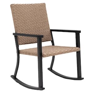 Charcoal Black Frame Natural All-Weather Wicker and Outdoor Rocking Chair for Outside Patio Porch