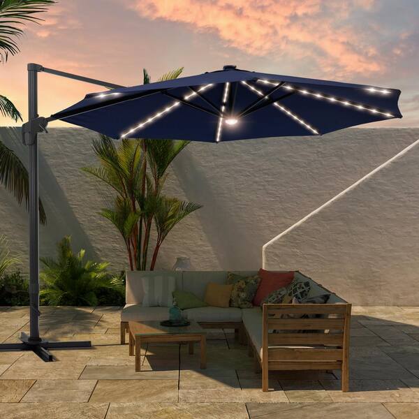 Sonkuki 11 ft. LED Outdoor Cantilever Patio Umbrella 360° Rotation and Infinite Canopy Angle Adjustment Navy Blue