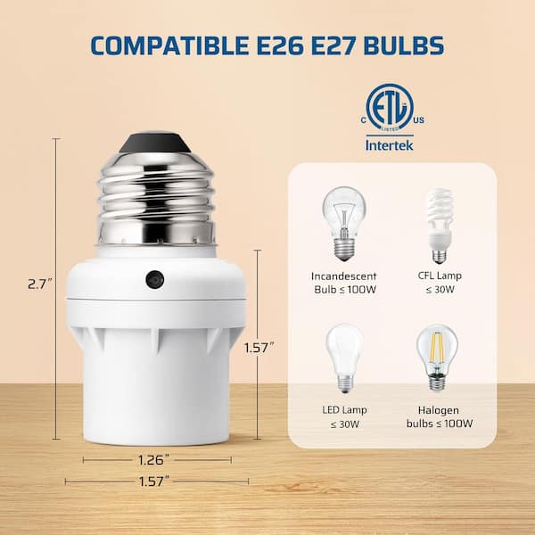 100-Watt Incandescent/CFL/LED/Halogen Screw-In Dusk to Dawn Light Control Sensor Socket, White (2-Pack)