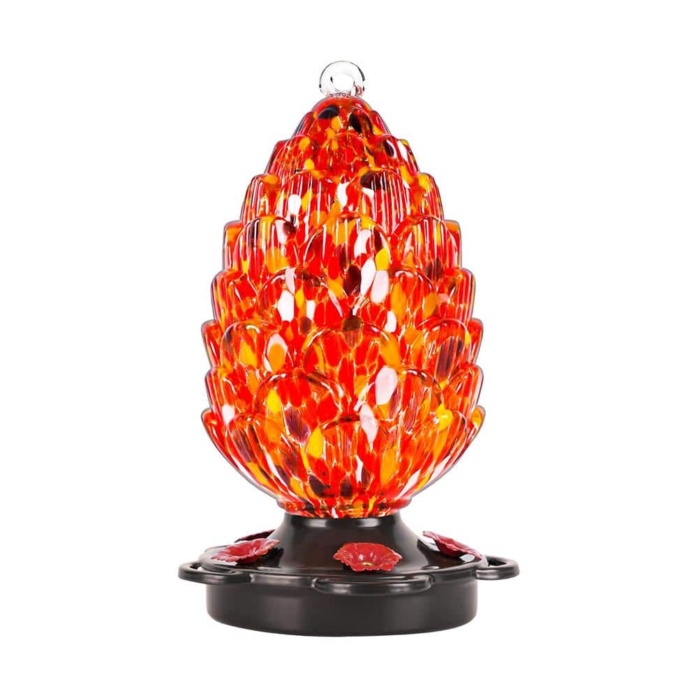 25 fl.oz Red Hand Blown Glass Pine Cone Hummingbird Feeder