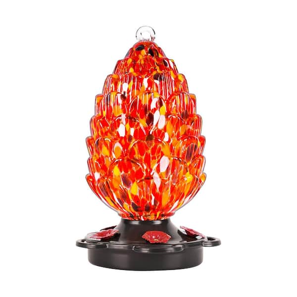 Misopily 25 fl. oz. Hanging Pine Cone Shaped Hand Blown Glass Hummingbird Feeder Rust Proof & Leak Proof, Red