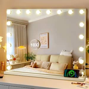 28 in. W x 22 in. H Rectangular Framed LED Bulb Hollywood Tabletop Bathroom Makeup Mirror in White with 3-Color Lights