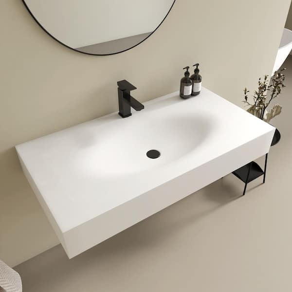 42 x 22 in. Solid Surface Wall Mount Bathroom Vessel Sink with Faucet Hole in Matte Whiote