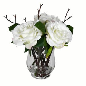 10 in. White Artificial Rose Floral Arrangement in Glass Vase