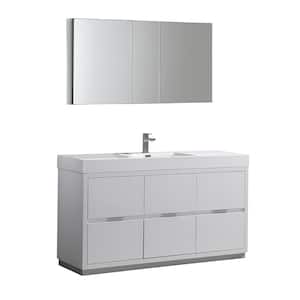 Valencia 60 in. W Vanity in White with Acrylic Vanity Top in White with White Basin and Medicine Cabinet