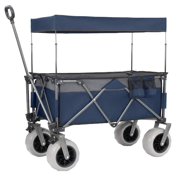 4.3 cu. ft. Steel Garden Cart with Flexible Handle & Canopy,9"x4" Beach Tires in Blue Gray