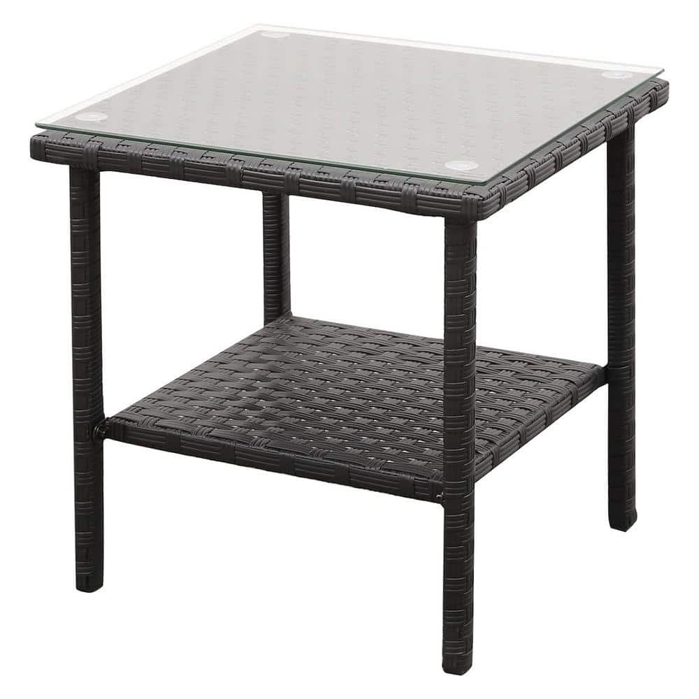 Black Square Wicker Outdoor Side Table with Glass Top for Balcony Deck Pool