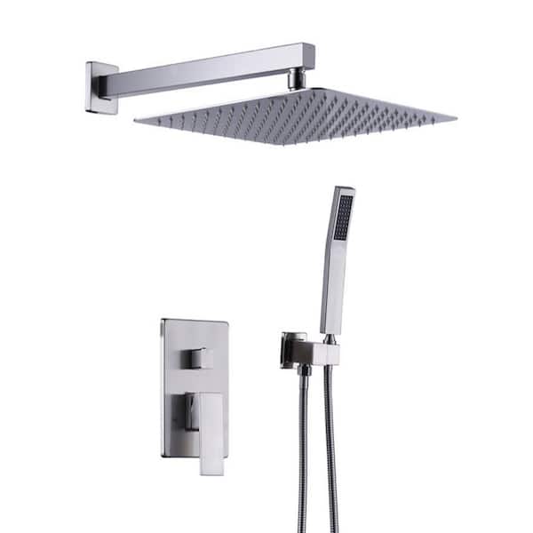 WOWOW Single Handle 2-Spray Shower Faucet 1.8 GPM with 12 in. Square Shower Head and Adjustable Heads in Brushed Nickel