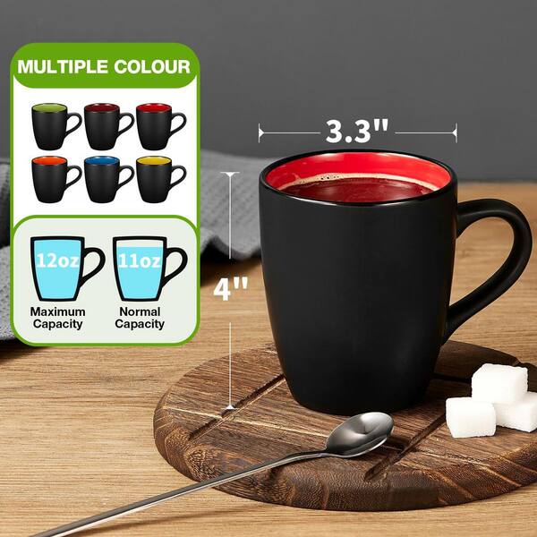Numhew 12 oz. Black Porcelain Coffee Mug, Restaurant Cups for Coffee, Cappuccino, Black outside and Colorful inside (Set of 6)