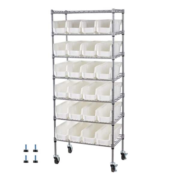 7-Tier Rolling Bin Storage Rack with Wheels, Mobile Steel Wire Tool Organizer, 24 Small Bins for Garage, 2025 update