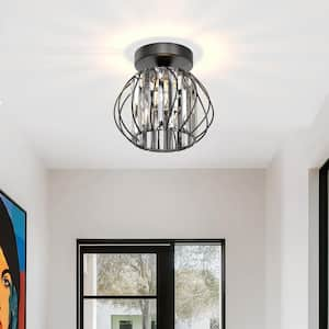 7 in. 1-Light Black Modern Crystal Semi Flush Mount Ceiling Light for Hallway, Entryway, or Bedroom with Cage Design