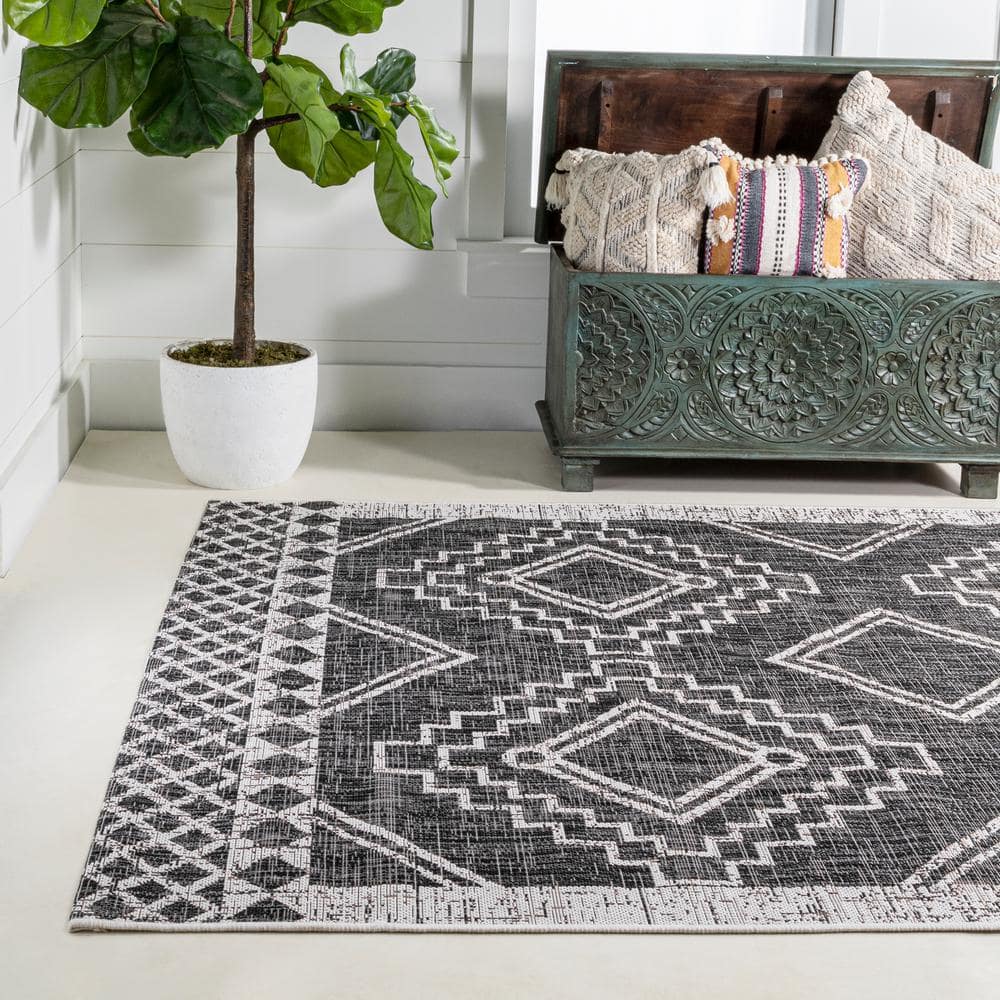 Marokko Black and Ivory Geometric Indoor/Outdoor Rug