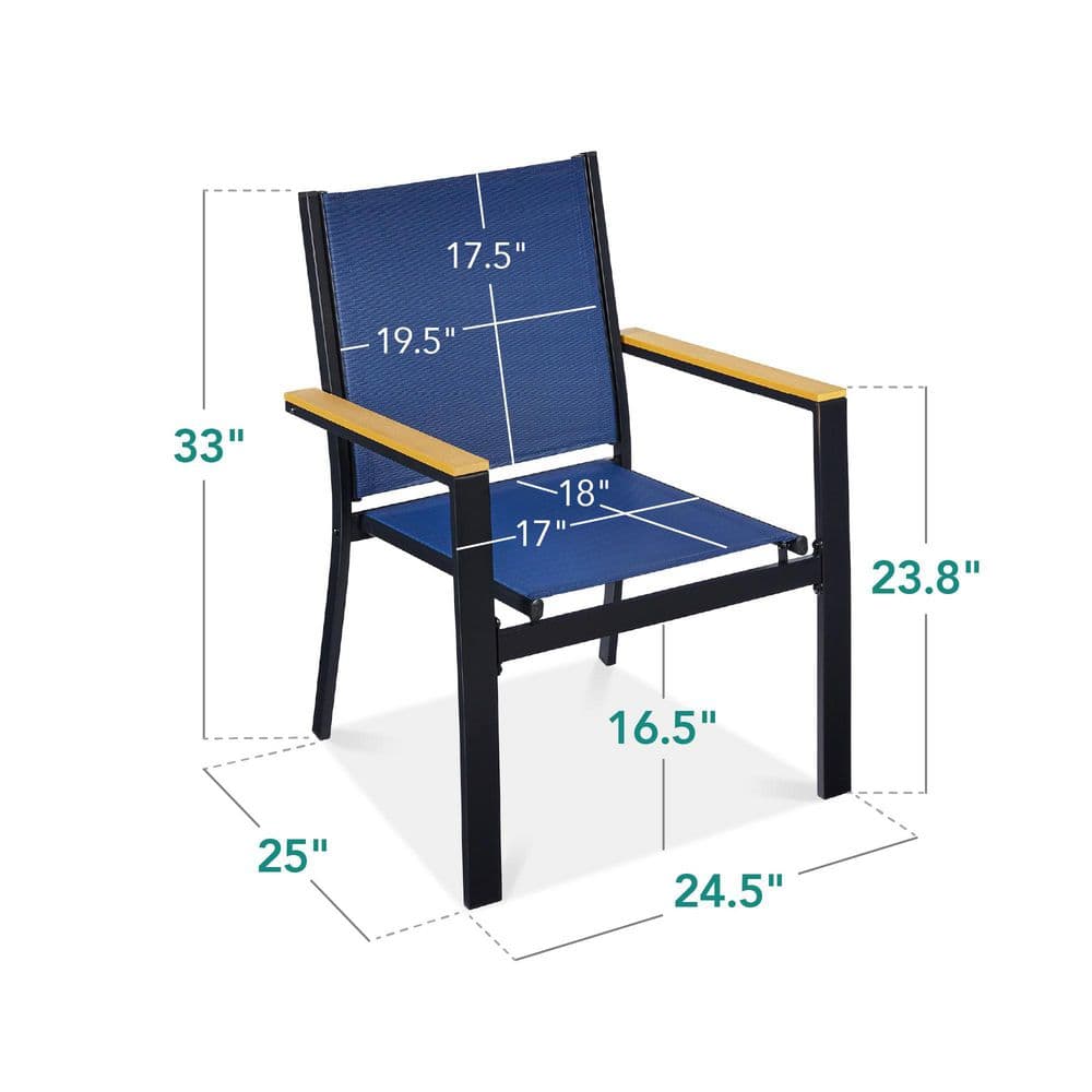 Set of 2 Blue Metal Armchairs with Wooden Armrests