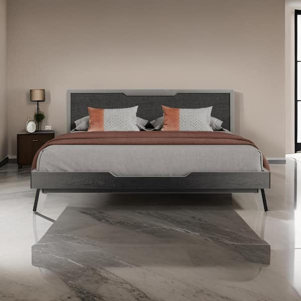 Benjara Kiran Gray Wood Frame Queen Platform Bed with Upholstered Headboard