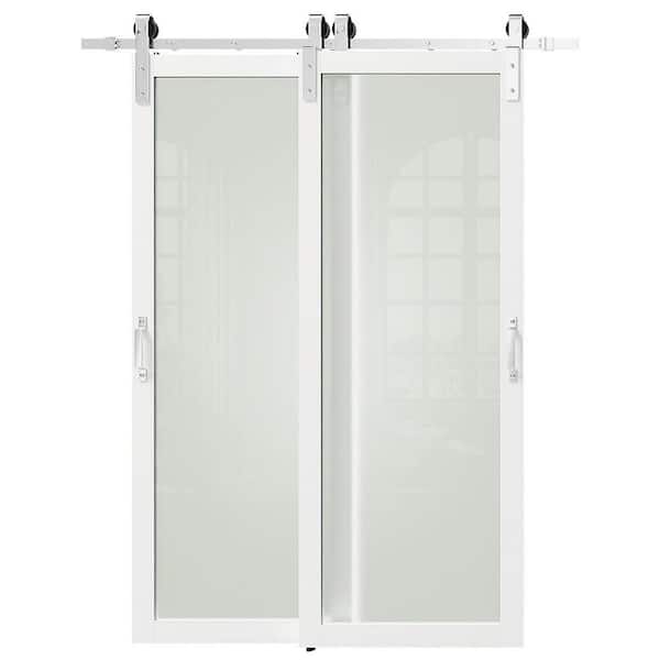 64 in. x 84 in. Frosted Glass White MDF Pre-Assembled Panel Brushed Nickel Bypass Sliding Barn Door with Hardware Kit