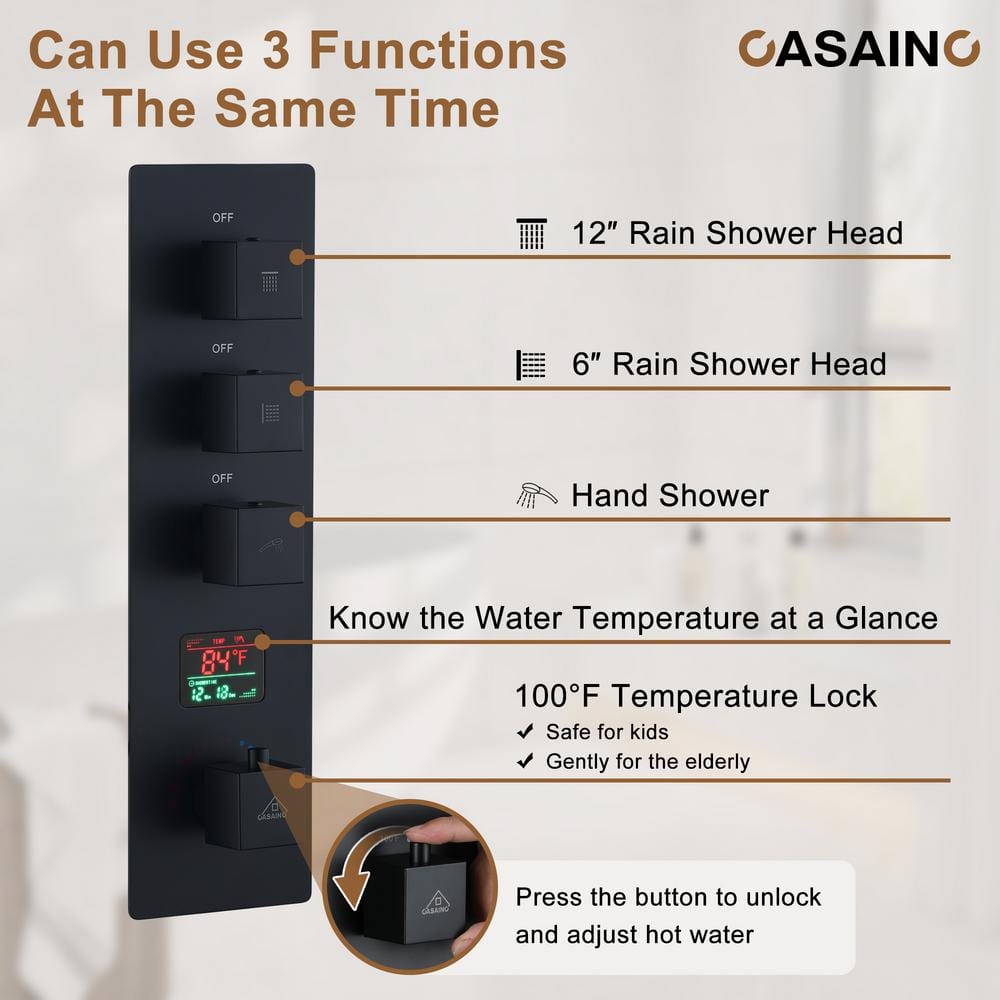 Matte Black 12" LED Rain Shower System with Bluetooth Speaker